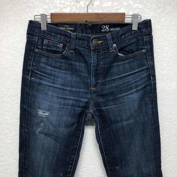 J Crew Mid Rise Toothpick Jeans Women 28 Reg Dark Wash Distressed Knees - Picture 2 of 8